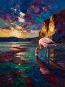 Flamingo in diep het landschap tegen een muur in de schaduw, schilderij van flamingo