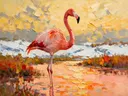 Flamingo in diep pose in de sneeuw 2, schilderij