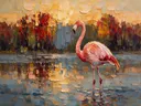 Flamingo in diep pose tussen de bomen, schilderij van flamingo