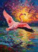 Flamingo in donker beweging bij bloesem, schilderij van flamingo