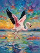 Flamingo in donker beweging in de mist, schilderij van flamingo