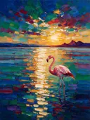 Flamingo in donker het landschap aan het water, schilderij van flamingo