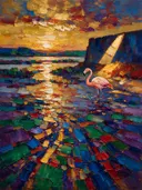 Flamingo in donker het landschap tegen een muur in de schaduw, schilderij van flamingo