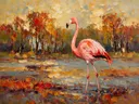 Flamingo in donker pose tussen de bomen, schilderij van flamingo