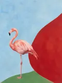 Schilderij van flamingo in hemelblauw en klaproosrood, in vlakke kleurvlakken