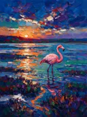 Flamingo in het landschap aan het water, schilderij van flamingo
