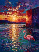 Flamingo in het landschap tegen een muur in de schaduw, schilderij van flamingo
