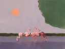 Schilderij van flamingo in lila en mosgroen, in vlakke kleurvlakken
