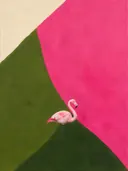 Schilderij van flamingo in olijf en roze, in vlakke kleurvlakken