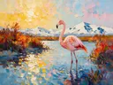 Flamingo in pose in de sneeuw, schilderij van flamingo