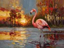 Flamingo in pose tussen de bomen, schilderij van flamingo
