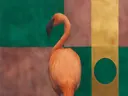 Schilderij van flamingo in smaragd en oud roze, in vlakke kleurvlakken