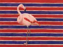 Schilderij van flamingo in vermiljoen en indigo, in vlakke kleurvlakken