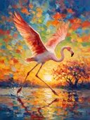 Flamingo in warm beweging bij bloesem, schilderij van flamingo