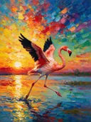 Flamingo in warm beweging in de mist, schilderij van flamingo