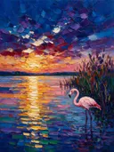 Flamingo in warm het landschap aan het water, schilderij van flamingo