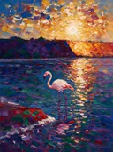 Flamingo in warm het landschap tegen een muur in de schaduw, schilderij van flamingo