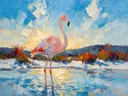 Flamingo in warm pose in de sneeuw, schilderij van flamingo