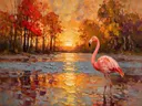 Flamingo in warm pose tussen de bomen, schilderij van flamingo