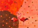 Schilderij van flamingo in warme kleuren bij elkaar, in vlakke kleurvlakken