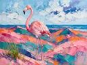 Flamingo op roze heuvels, landschap schilderij