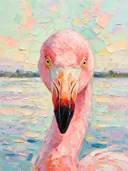 Flamingo portret aan het water in diep terracotta, schilderij van flamingo portret aan het water, met het paletmes geschil...