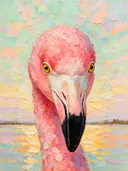 Flamingo portret aan het water in donker terracotta, schilderij van flamingo portret aan het water, met het paletmes gesch...
