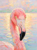 Flamingo portret aan het water in warm terracotta, schilderij van flamingo portret aan het water, met het paletmes geschil...