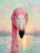 Flamingo portret aan het water, schilderij van flamingo portret aan het water, met het paletmes geschilderd