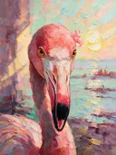 Flamingo portret tegen een muur in diep de schaduw, schilderij van flamingo portret tegen een muur