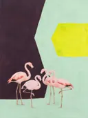 Schilderij van flamingo's in aubergine en mint, in vlakke kleurvlakken