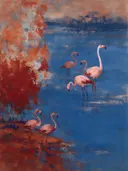 Schilderij: flamingo's in blauw en rood water