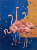 Schilderij van flamingo's in kobalt en saffraan, in vlakke kleurvlakken