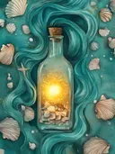 Glazen fles met gouden gloed en schelpen, omringd door golvend turquoise haar en zeeschelpen