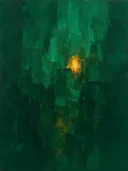 Abstract landschap in flessengroen en goud