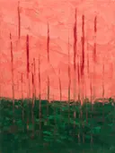 Abstract landschap in flessengroen en koraalroze