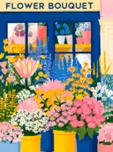 Flower Bouquet winkelgevel schilderij, illustratie van bloemenwinkel met kleurrijke boeketten