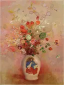 Flowers in a Japanese Vase van Odilon Redon: bloemen met boeket, vaas, japanse vaas en bloemen, in roze met rood en groen