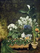 Flowers in Greenhouse van Pierre-Auguste Renoir: bloemen met kas, planten, bloemen en potten, in donkergroen met wit