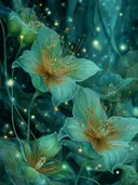 Schilderij van jadegroene bloesems met gouden meeldraden in een mystiek bos