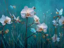 Schilderij van witte orchideeën met blauwe vlinders bij nacht