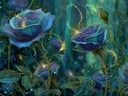 Schilderij van twee blauwgroene rozen in een donker sprookjesbos