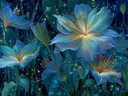 Schilderij van gloeiende blauwe sterbloemen tegen een donkere achtergrond
