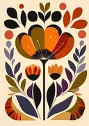 Folk art bloemenpaneel in oranje en bruin, botanisch schilderij