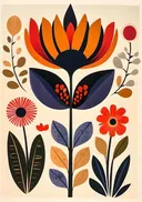 Folk-art illustratie van een lotusbloem met omringende bloemmotieven