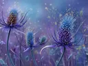 Schilderij van blauwe distelbloemen met fonkelende lichtjes