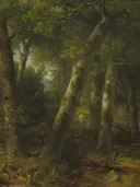 Forest in the Morning Light van Asher Brown Durand: landschap met bos, bomen, ochtendlicht en stammen, in warm groen en bruin