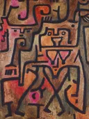 Forest Witches van Paul Klee: abstract met figuurtekens, lijnen, vlakken en rood, in rood en zwart op bruin