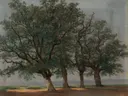 Four Large Trees ( NG6711) van Alexandre Calame: landschap met bomen, eiken, gras en wolken, in groen met grijsblauw