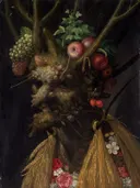 Four Seasons in One Head van Giuseppe Arcimboldo: portret met kop van vruchten, takken, fruit en seizoenen, in donkerbruin en groen